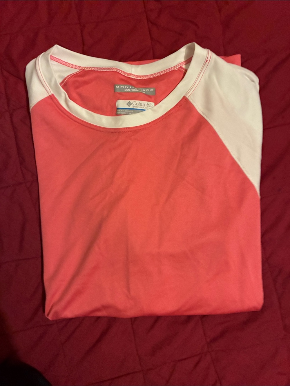 Columbia Coral and White Raglan Sun Tee